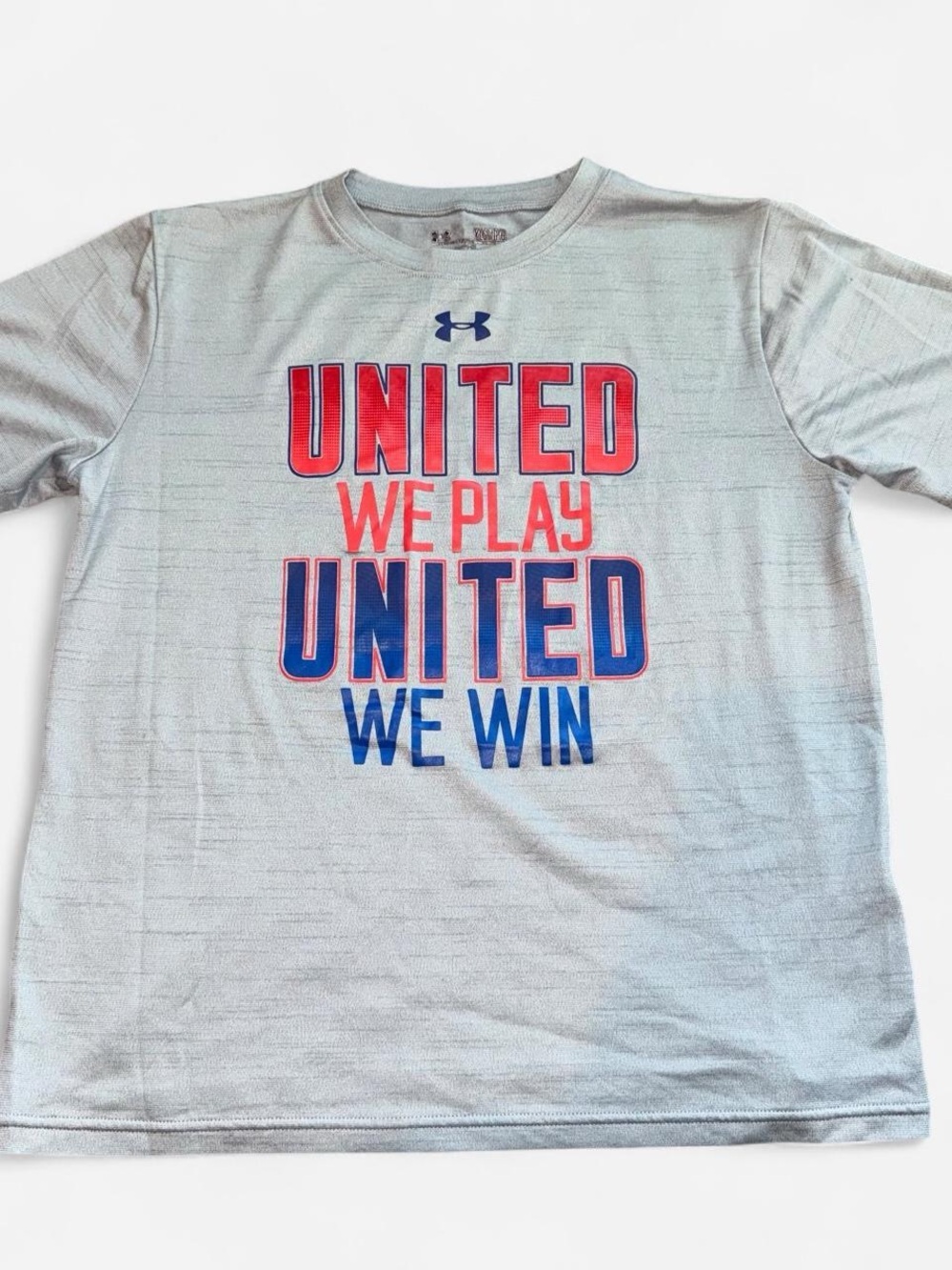 Under Armour Gray Tee with Red and Blue 'United We Play United We Win' Graphic